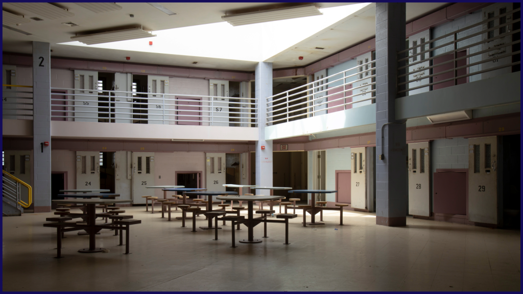 Image of prison common area with cells in background.