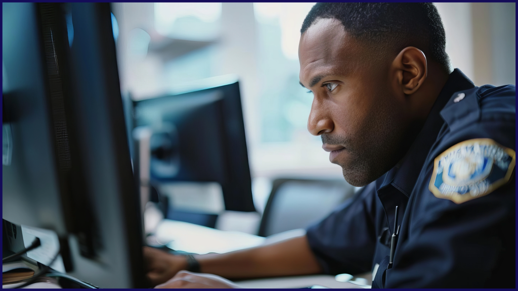 Law enforcement officer looking at computer screen.