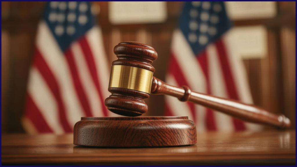 Judge's gavel backed by American flags